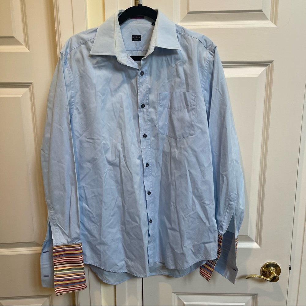 Paul Smith Blue Button Down Shirt With Rainbow Cuff Details